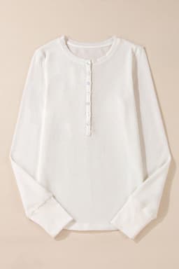 image-White Waffle Half Button Long Sleeve Top (65 characters)