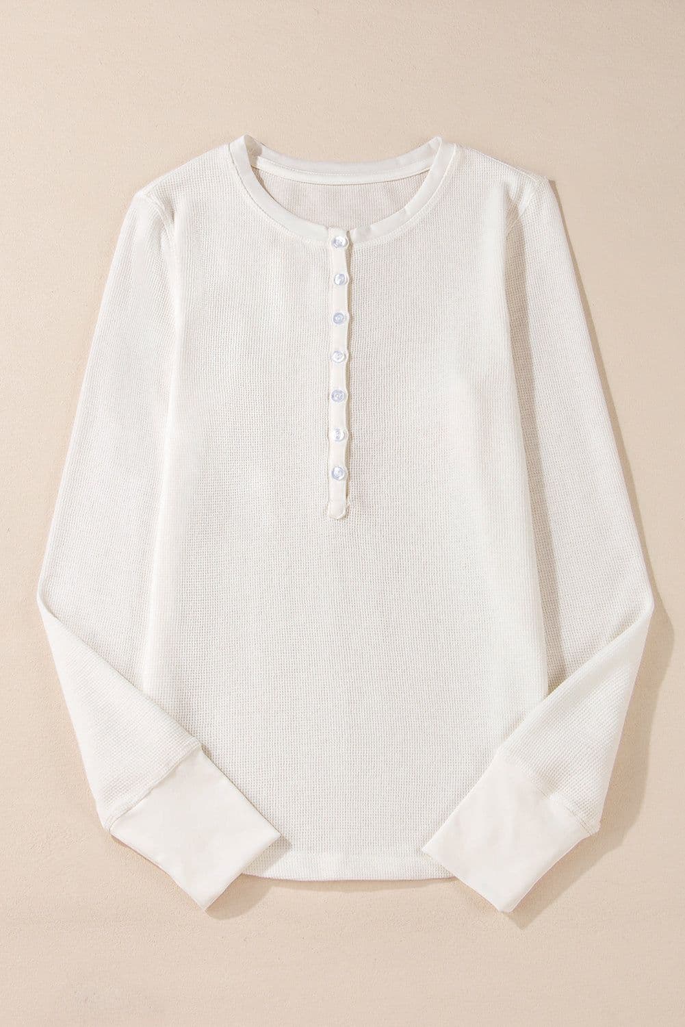 image-White Waffle Half Button Long Sleeve Top (65 characters)