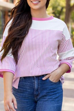 image-Phalaenopsis Striped Patchwork 3/4 Sleeve Top