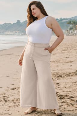 image-Beige Smocked High Waist Wide Leg Plus Size Pants