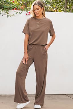 image-Solid Color T-Shirt & Wide Leg Pants Set - 2pcs - Comfortable Fabric