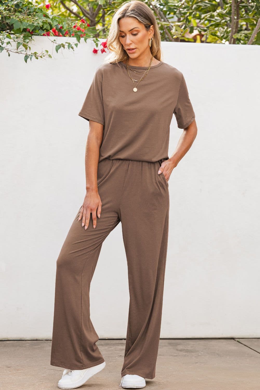 image-Solid Color T-Shirt & Wide Leg Pants Set - 2pcs - Comfortable Fabric