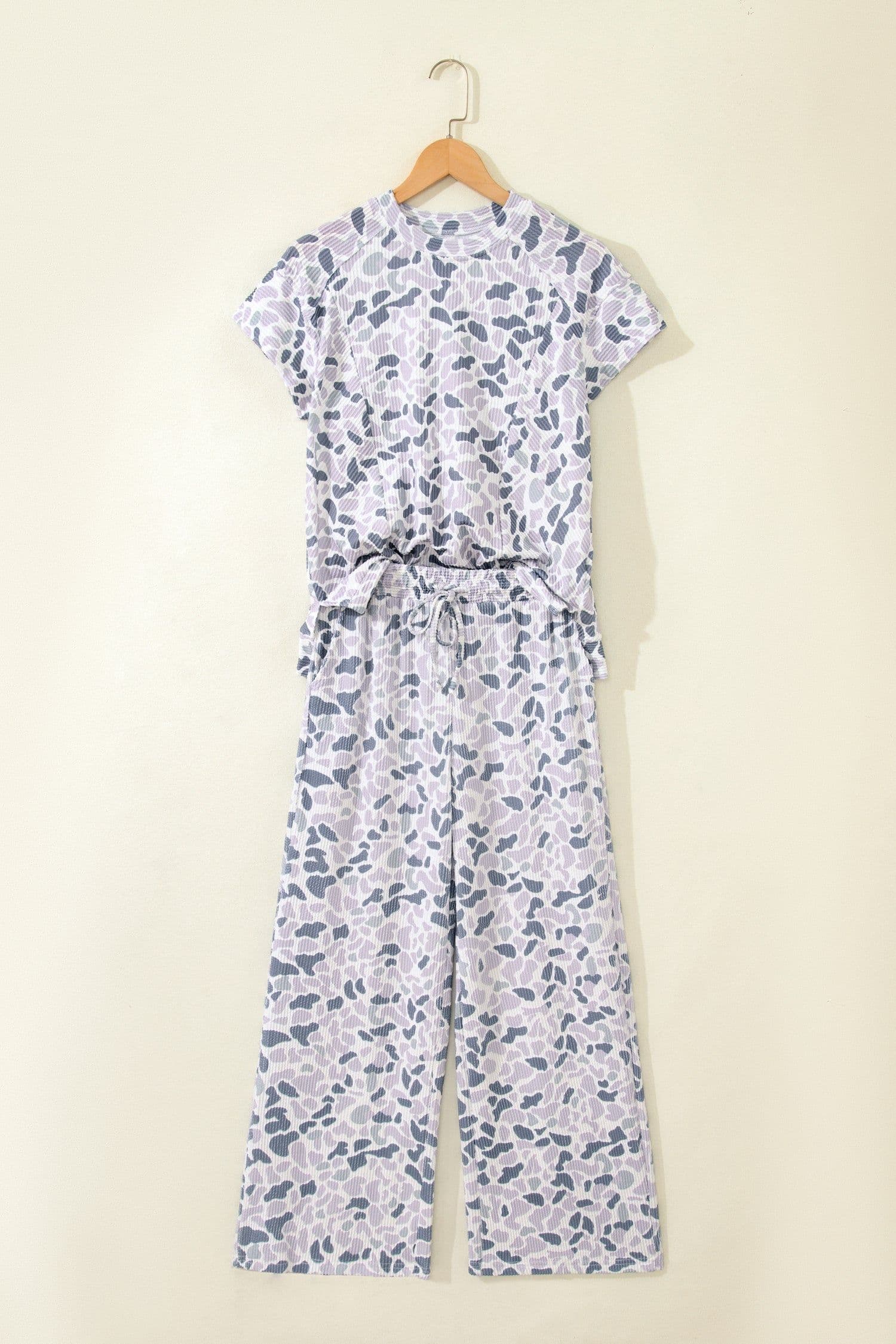 image-Beige Camouflage Print Twisted Rib Loose Tee Drawstring Pants Set