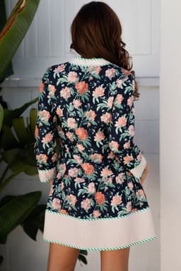 image-Blue Floral Print Striped Trim V Neck Long Sleeve Ruffle Hem Shift Mini Dress