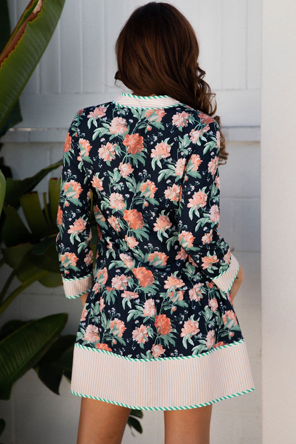 image-Blue Floral Print Striped Trim V Neck Long Sleeve Ruffle Hem Shift Mini Dress