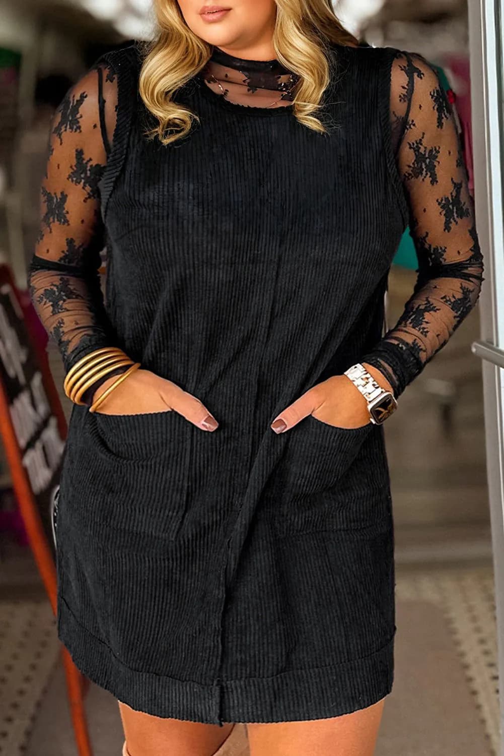 image-Black Plus Size Corduroy Mini Dress Patch Pockets