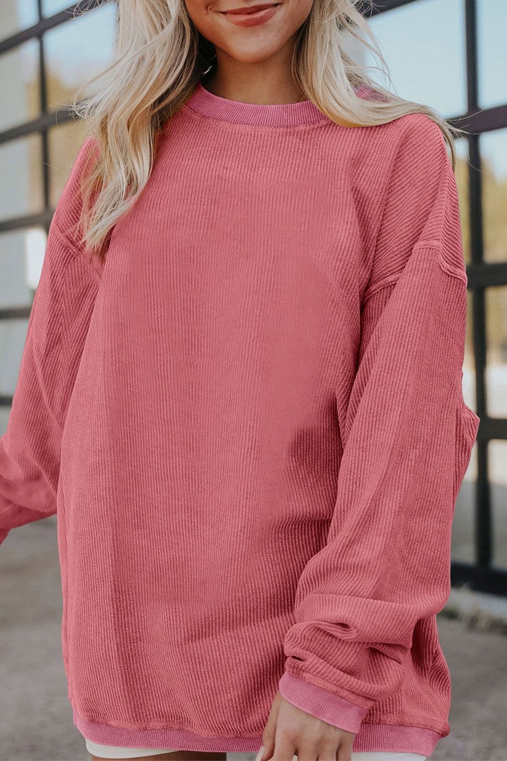 image-Strawberry Pink Ribbed Corded Oversized Sweatshirt