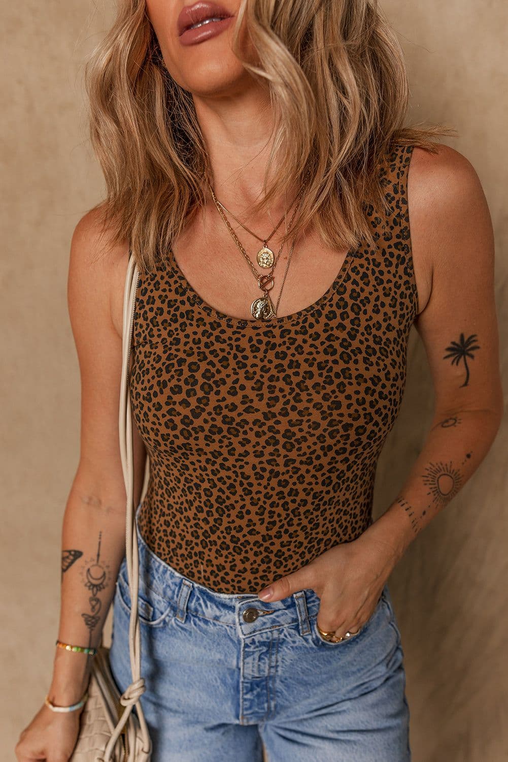 image-Brown Leopard Print Sleeveless Scoop Neck Bodysuit