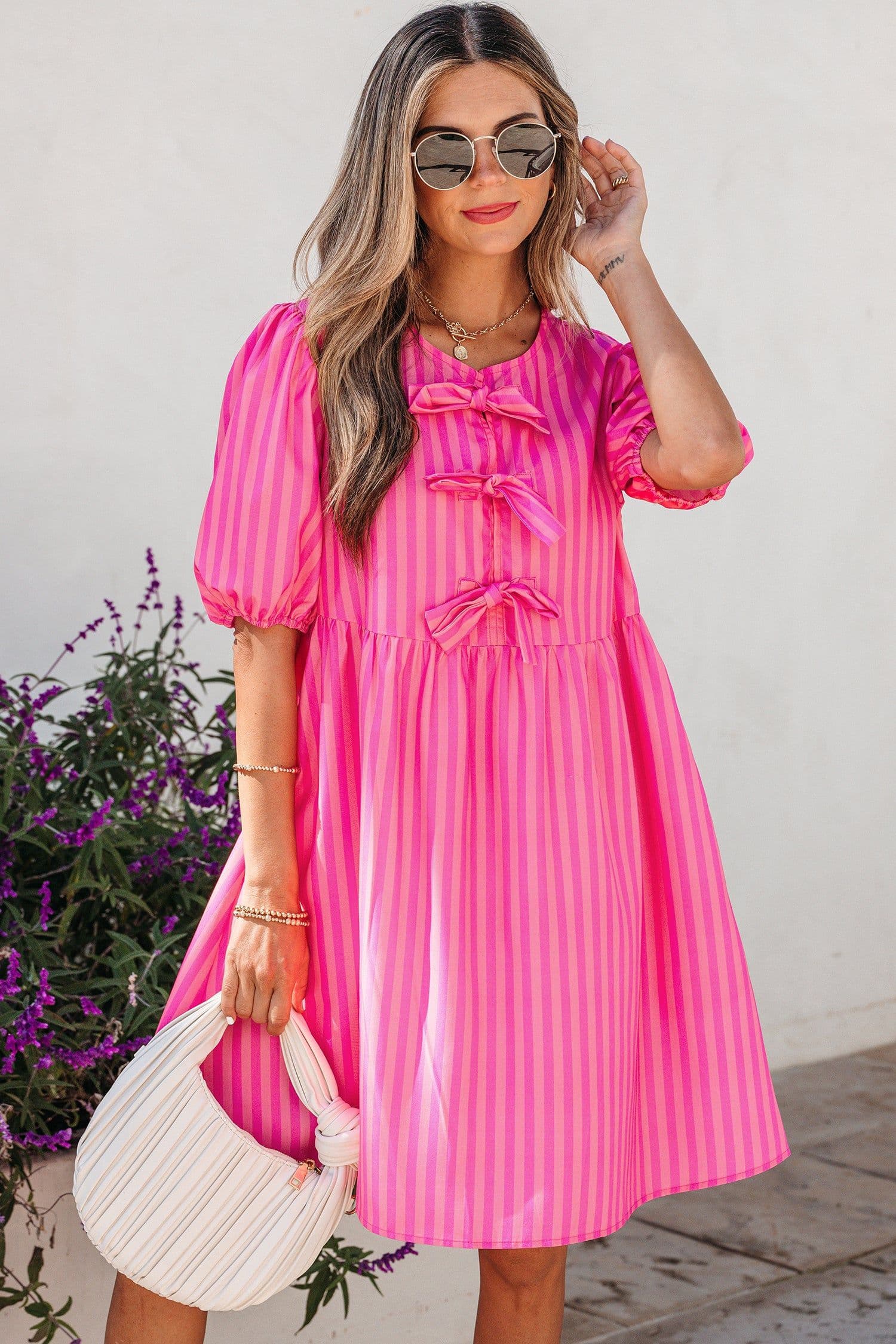 image-Rose Striped Print Bow Detail Short Puff Sleeve Mini Dress