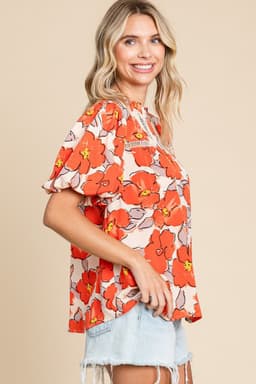 image-Orange Floral Bubble Sleeve Frill Neck Loose Blouse