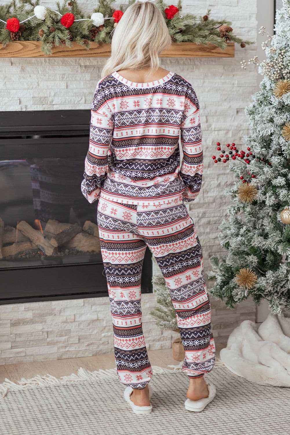 image-Black Retro Christmas Pattern Lounge Set - Pullover Pants