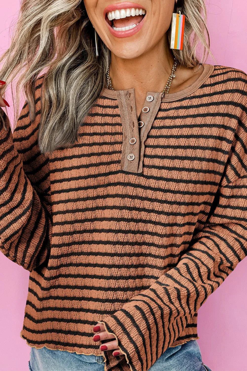 image-Brown Stripe Frilly Trim Henley Long Sleeve Top - Casual Playful Design