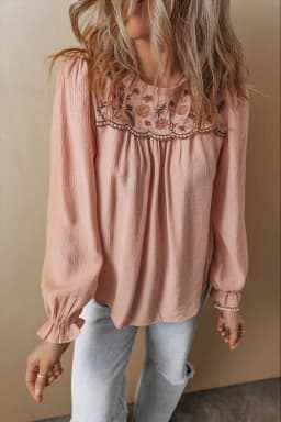 image-Pink Floral Embroidered Blouse - Flounce Sleeve Elegant Top