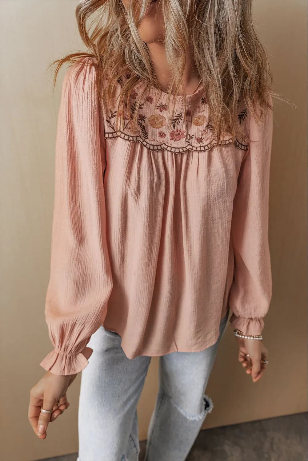 image-Pink Floral Embroidered Blouse - Flounce Sleeve Elegant Top