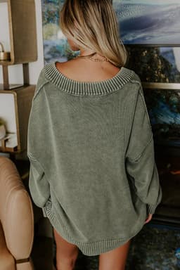 image-Four Leaf Clover Mineral Wash V Neck Knit Exposed Seam Drop Shoulder Loose Sweater