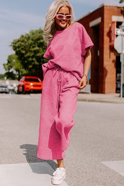 image-Strawberry Pink Textured Loose Fit T Shirt and Drawstring Pants Set
