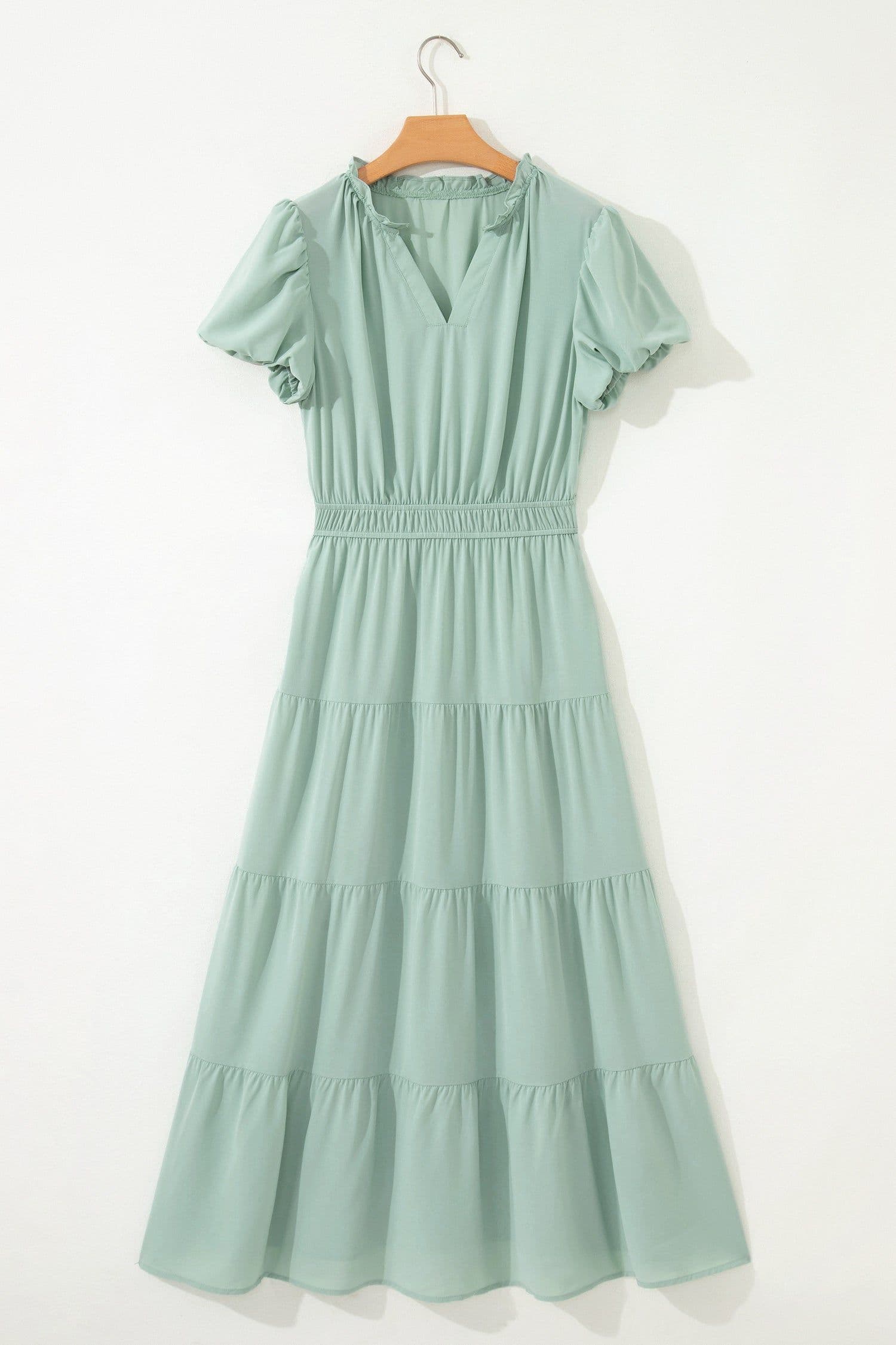 image-Bright Green V Neck Puff Sleeve High Waist Tiered Maxi
