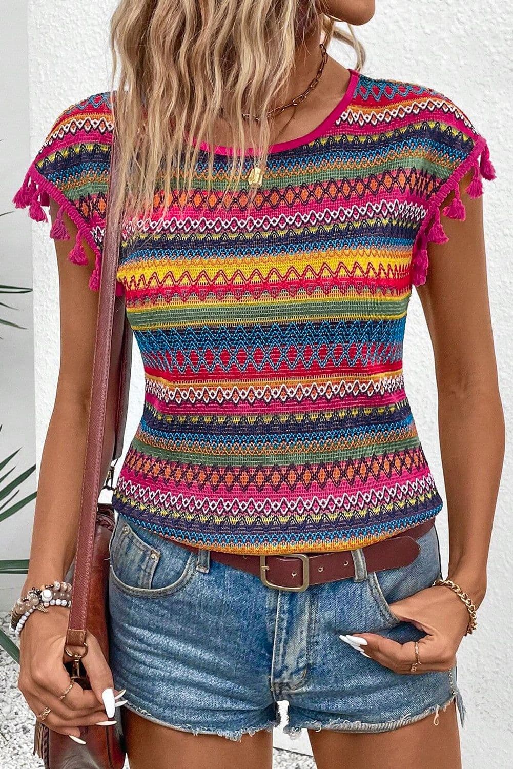 image-Rose Red Jacquard Tasseled Cap Sleeve Top - Luxurious Fabric