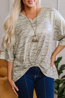 image-Gray Leopard Print V Neck Half Sleeve T Shirt