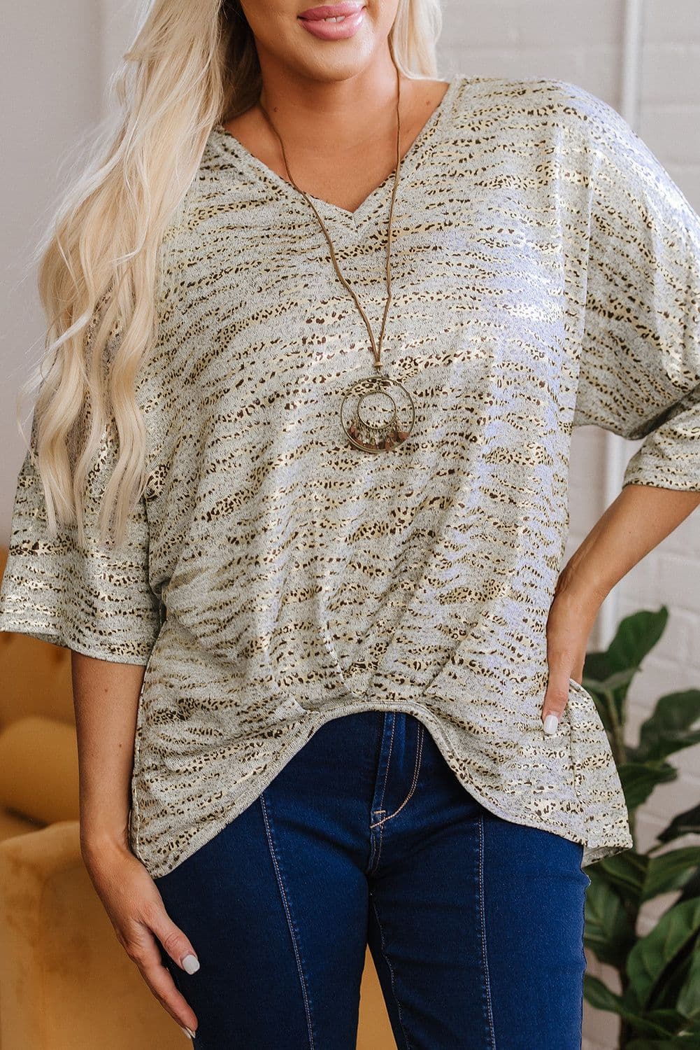 image-Gray Leopard Print V Neck Half Sleeve T Shirt