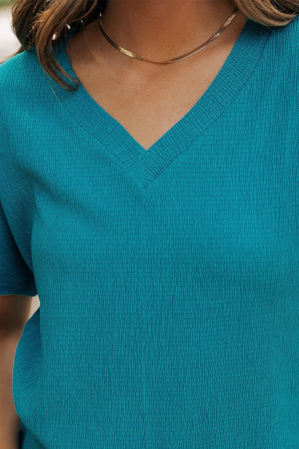 image-Blue Sapphire Crinkled V Neck T-shirt - Women's Fashion