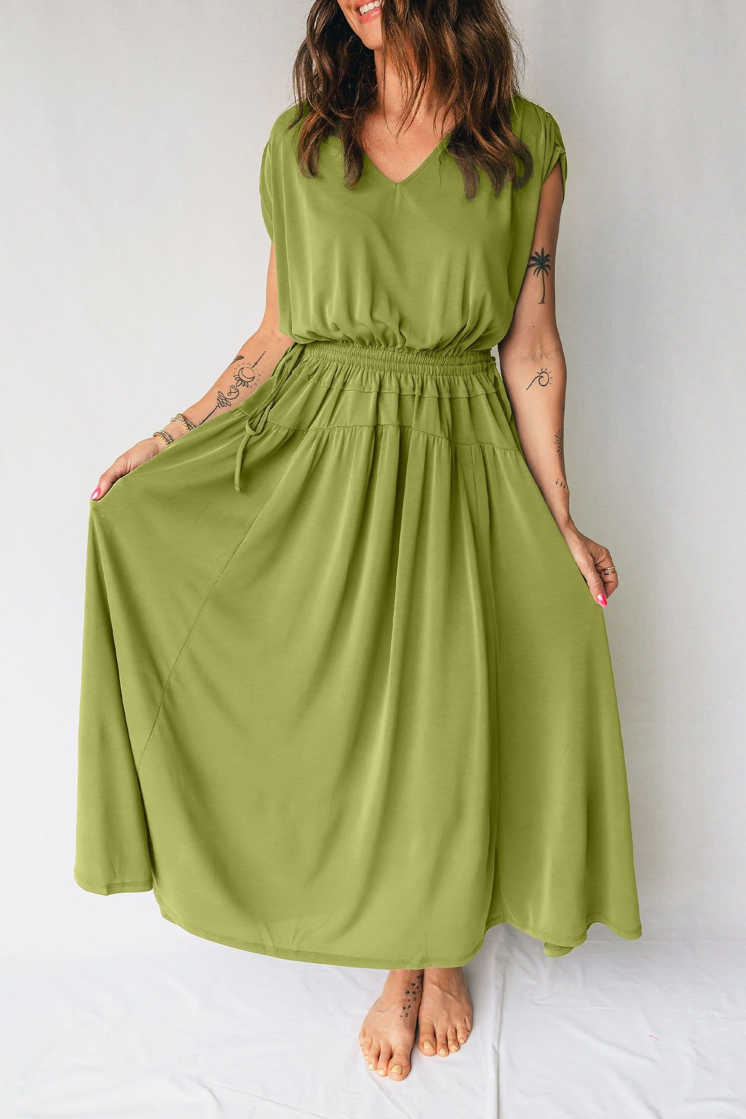 image-Fern Green V Neck Cap Sleeve Maxi Dress