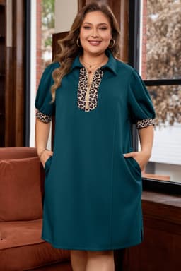 image-Sea Green Leopard Patchwork Mini Dress Plus Size