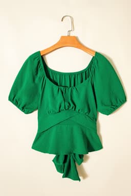 image-Dark Green Peplum Top - Ruched Waist Tied Back