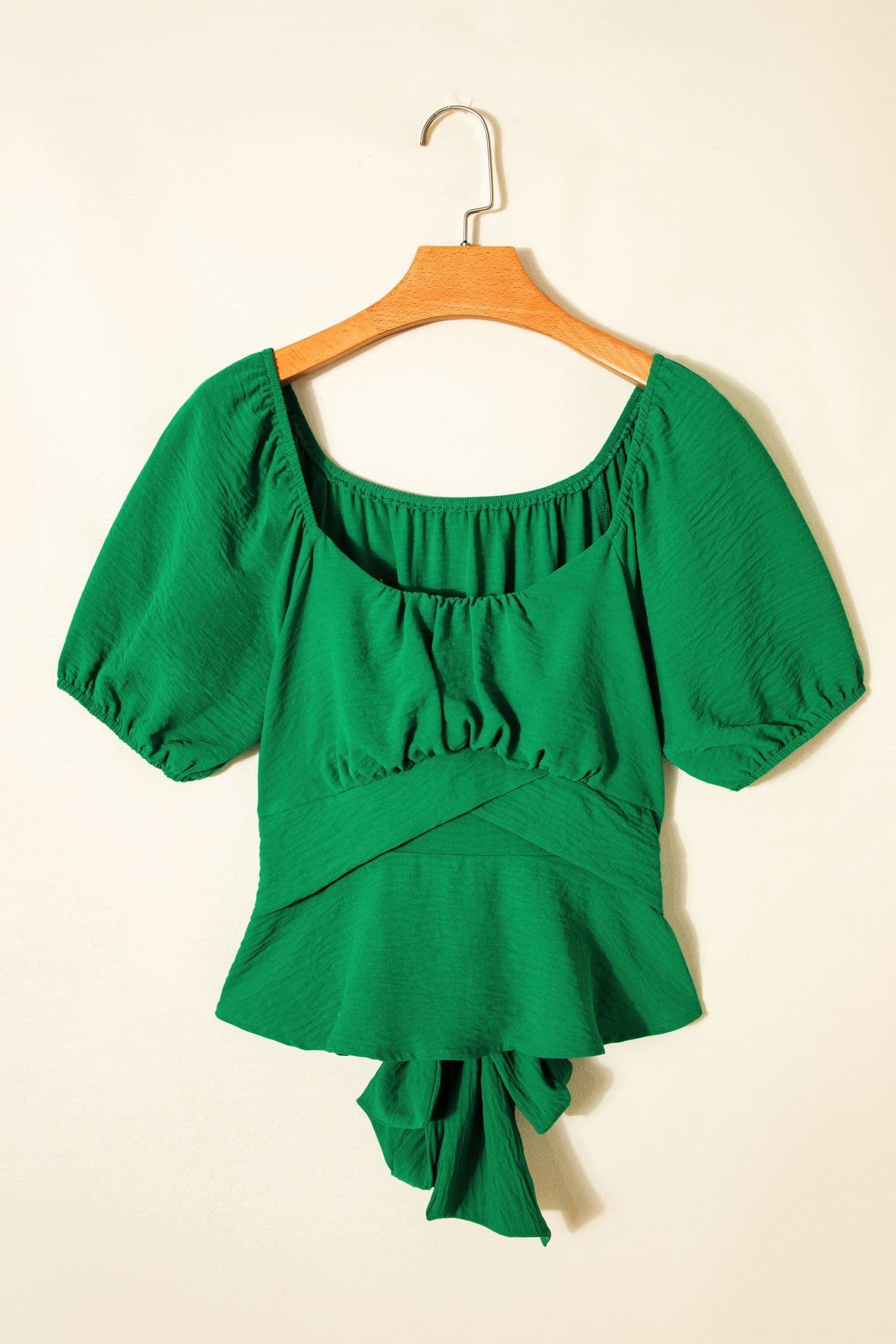 image-Dark Green Peplum Top - Ruched Waist Tied Back