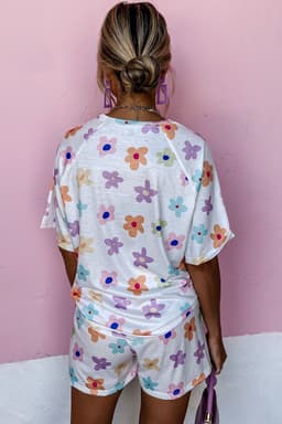 image-Pink Flower Print Short Sleeve High Waist Two Piece Shorts Set