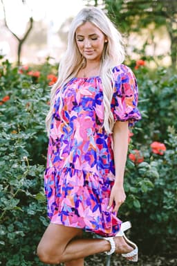 image-Purple Ruffled Short Sleeve Floral Print Dress - Sizes Available (59 characters)