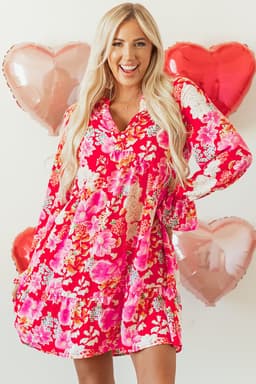 image-Floral Print High Waist V Neck Babydoll Mini Dress - Red (57 characters)