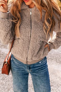 image-French Fuzzy Zipper Winter Jacket, Beige, Pocketed, Winter Wear (65 characters)