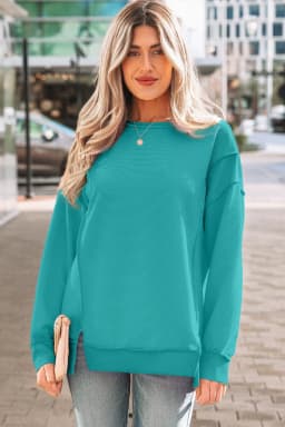 image-Sea Green Horizontal Ribbed Exposed Seam Detail Drop Shoulder Baggy Pullover