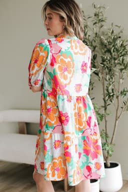 image-Pink Floral Puff Sleeve Collar Buttoned Babydoll Dress
