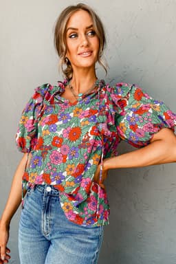 image-Red Floral Ruffle Puff Sleeve Blouse