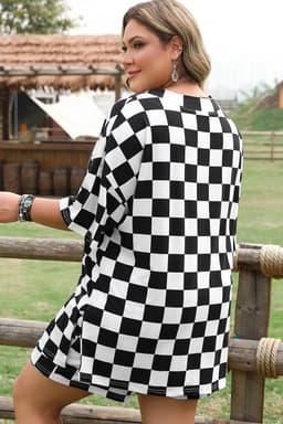 image-Plus Size Black Checkered Tee and Shorts Set - Two Piece