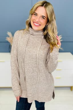 image-Apricot Drawstring Cowl Neck Long Sleeve Split Top