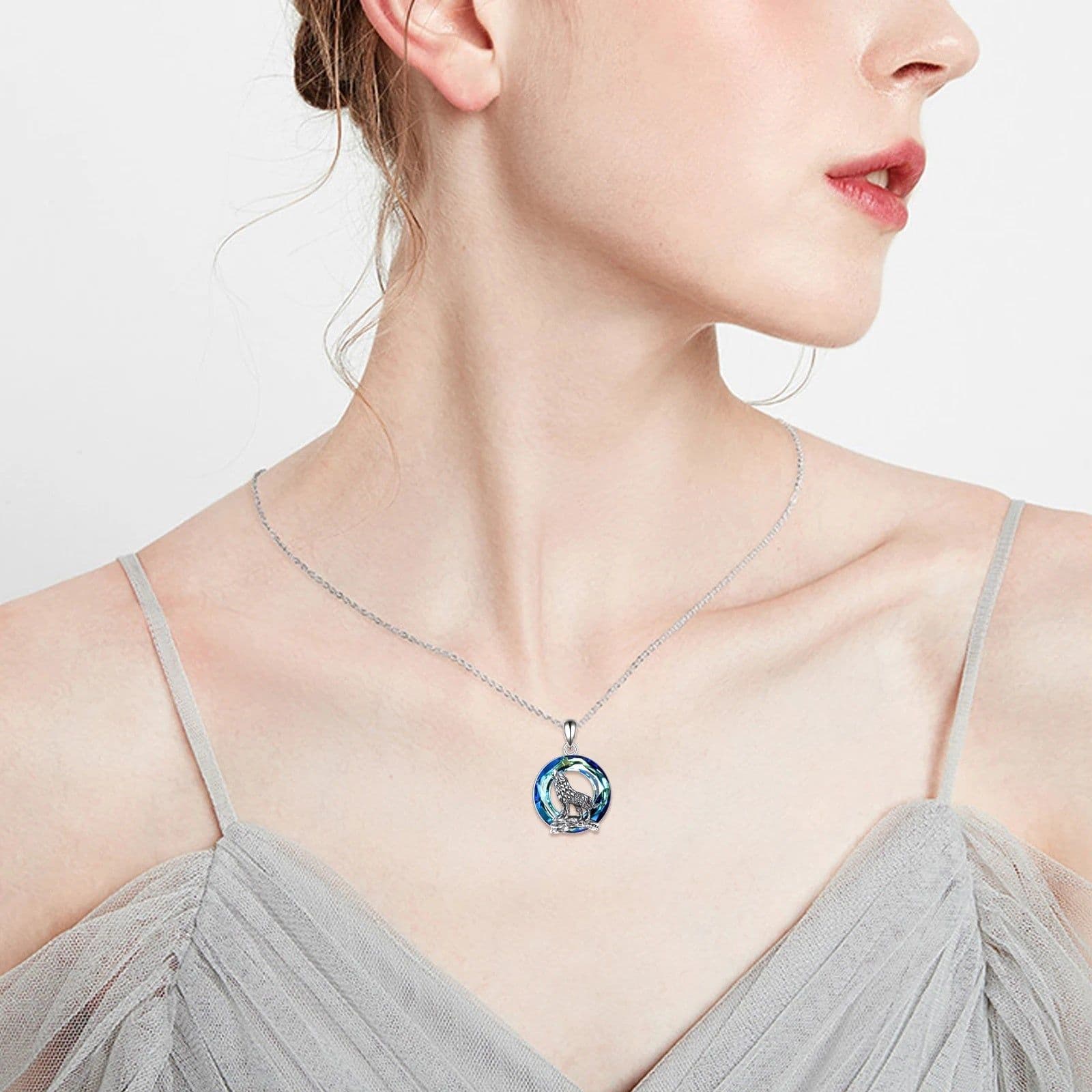 image-Sterling Silver Viking Wolf Earrings Necklace Jewelry with Crystal