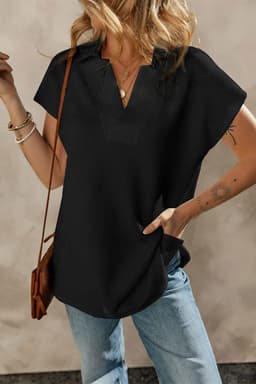 image-White Textured V Neck Collared Short Sleeve Top