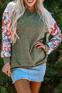 image-Laurel Green Floral Patchwork Long Sleeve Ribbed Blouse