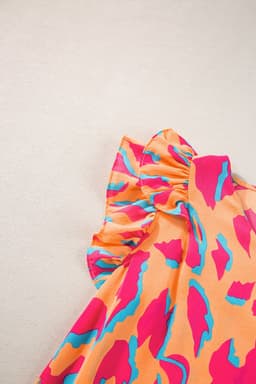 image-Abstract Print V-Neck Blouse - Orange Ruffled Sleeves
