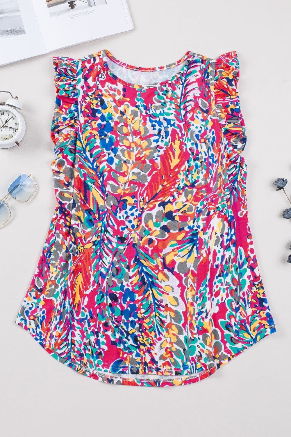 image-Rose Floral Print Tank Top with Ruffles