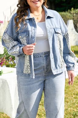 image-Plus Size Denim Jacket - Blue Leopard Patchwork Flap Detail - 65 Character Max