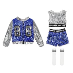 image-LOlanta 4-14 Years Girls Pink Sequin Crop Tops Shorts Jacket Dancewear Costume Hip Hop Modern Jazz Dance Stage Performance Wear