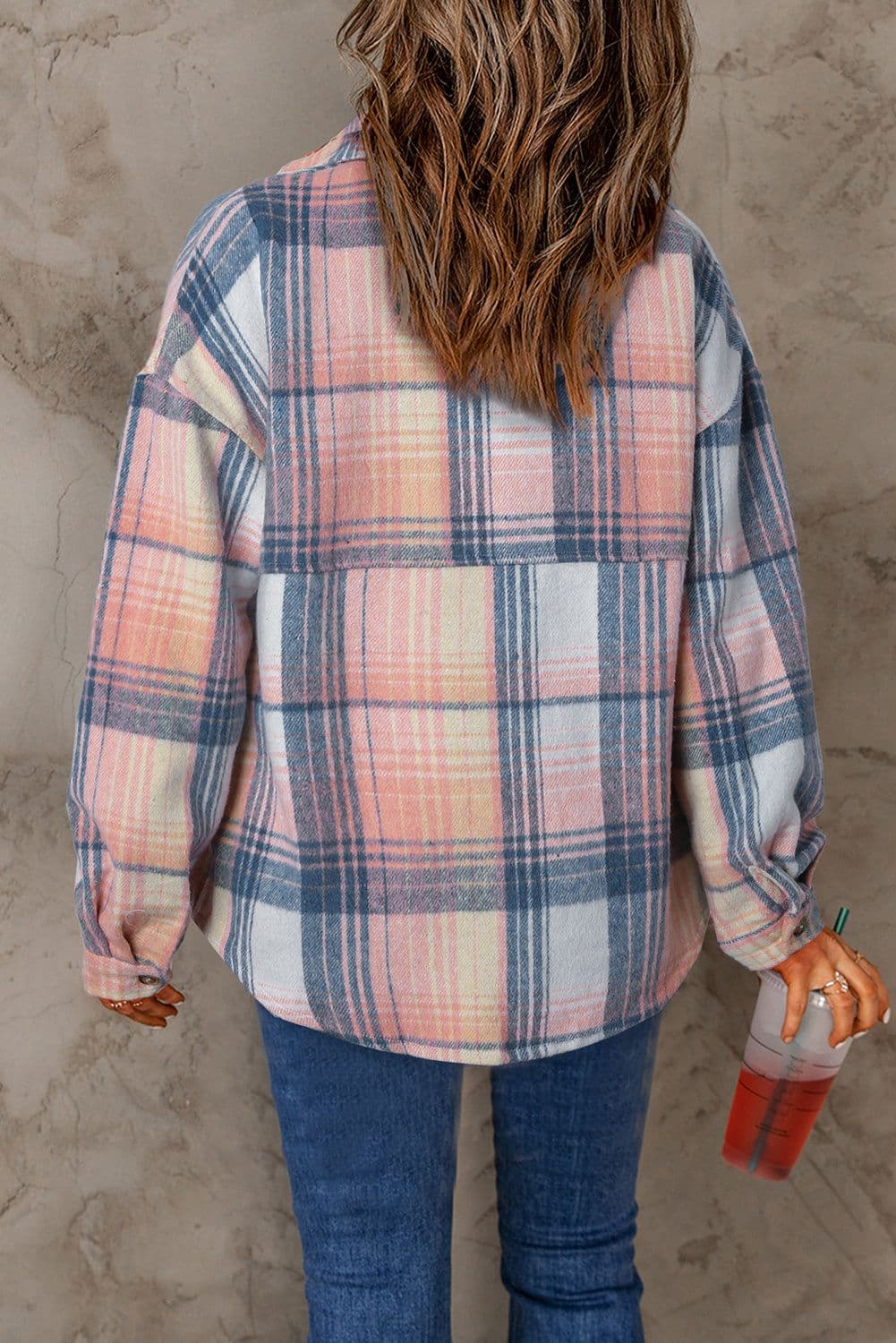 image-Shacket with Pink/Black Plaid Flap Pockets - Chic Style, Loose Fit (65 characters)
