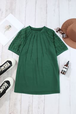 image-Khaki Contrast Lace Raglan Sleeve Tee - Casual Short Sleeve Top