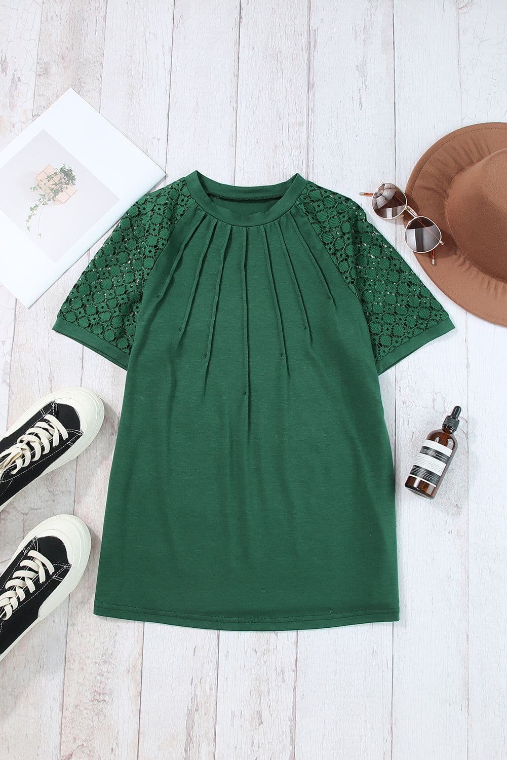image-Khaki Contrast Lace Raglan Sleeve Tee - Casual Short Sleeve Top