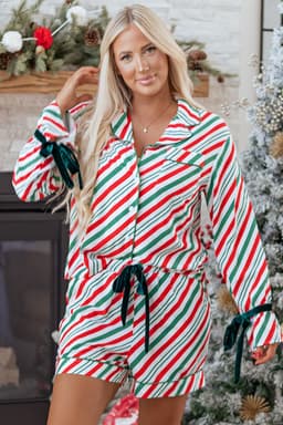 image-Green Stripe Contrast Velvet Ribbon Knot Christmas 2pcs Pajama Set