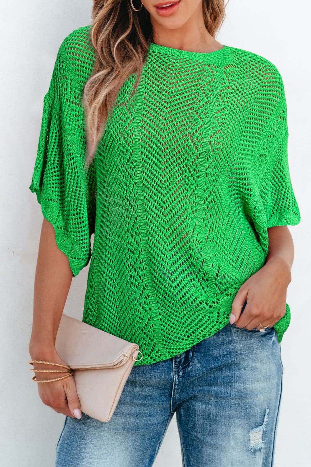 image-Rose Red Pointelle Knit Top - Short Sleeve, Scallop Edge, Delicate Design